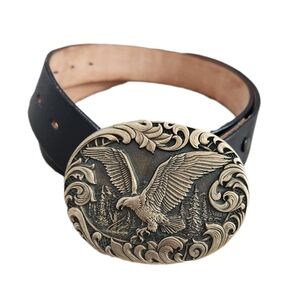 Vintage Award Design Medals Solid Brass Buckle and belt, Black, Men's 36